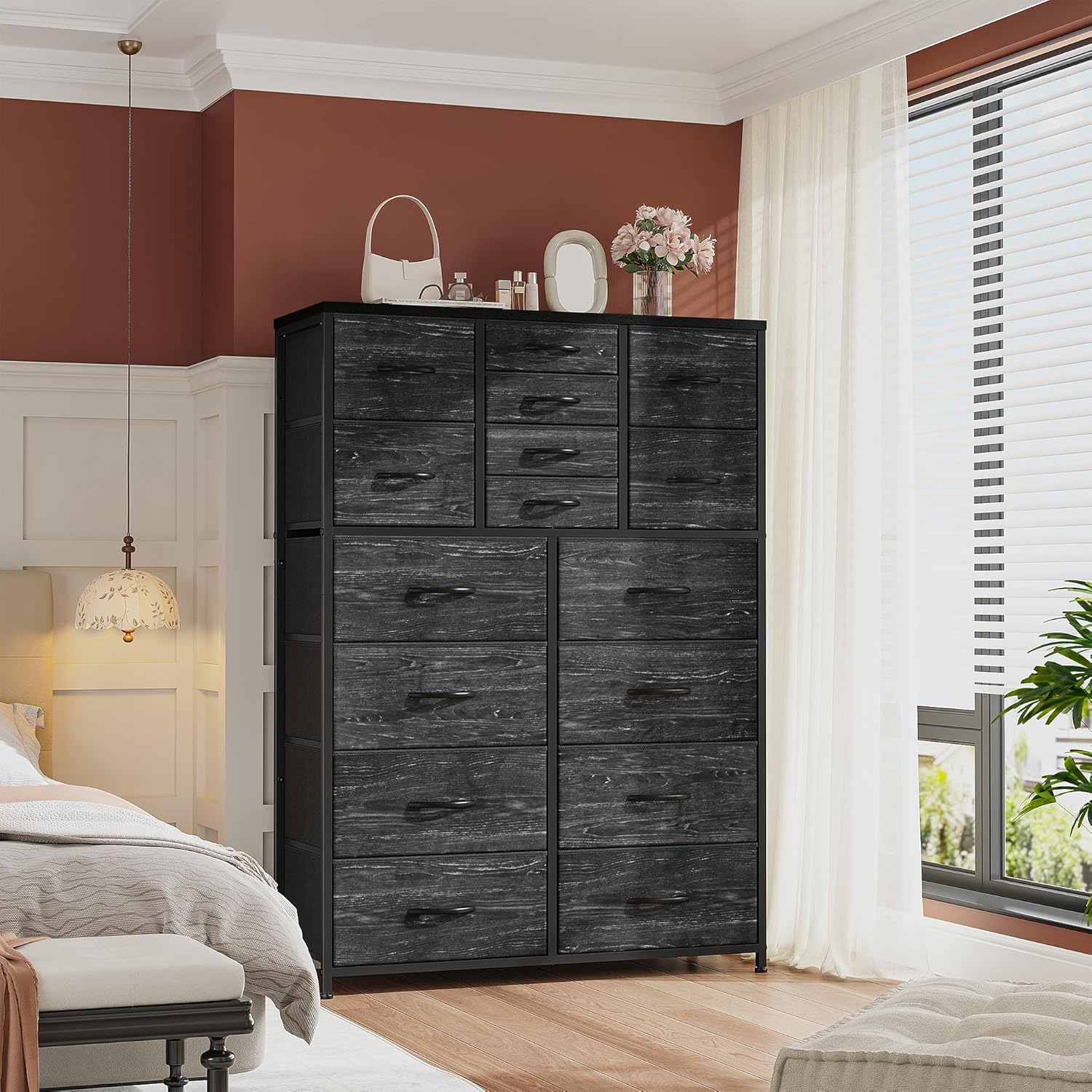 Storea™ | Commode Haute 16 Tiroirs, Organisateur de Chambre avec Bacs en Tissu pour Placard & Entrée