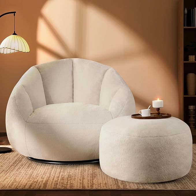 Orivelle™ | Fauteuil Pouf Pivotant 360°, Grande Taille, Tissu Douillet, Repose-Pieds