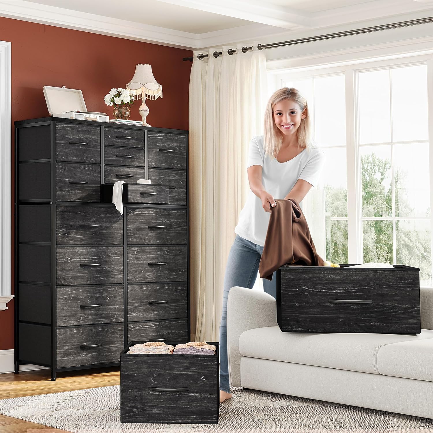 Storea™ | Commode Haute 16 Tiroirs, Organisateur de Chambre avec Bacs en Tissu pour Placard & Entrée