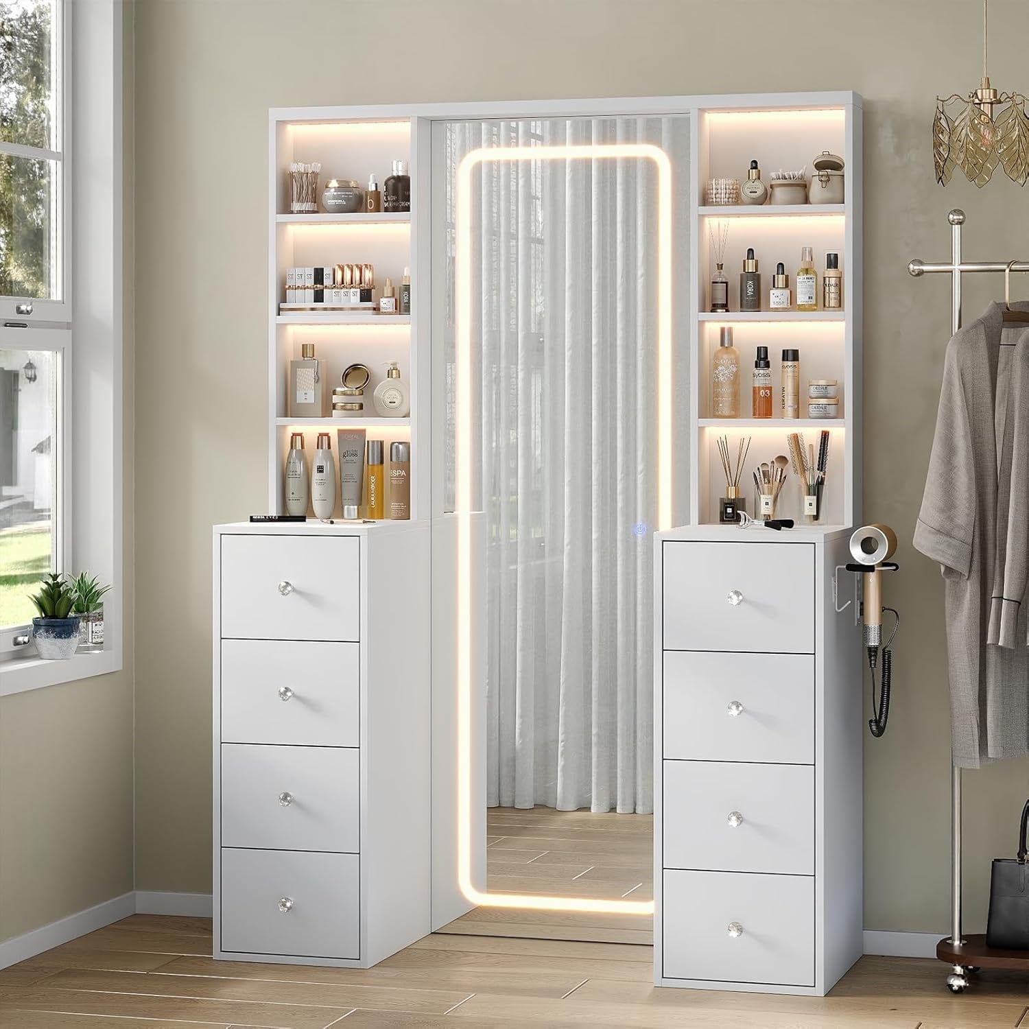 Luxora™ | Coiffeuse LED avec Miroir, Éclairage Lumineux & Rangement Caché